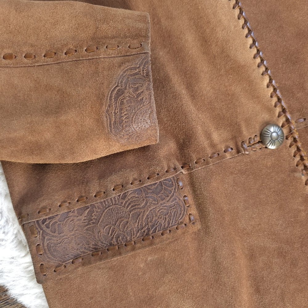 RARE Vintage Ralph Lauren Western Boho Suede Whip Stitch Tooled Leather Jacket - Picture 4 of 13